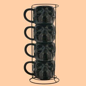 Halloween 4 Stacking Skull Shaped Mugs with Iron Rack NEW!